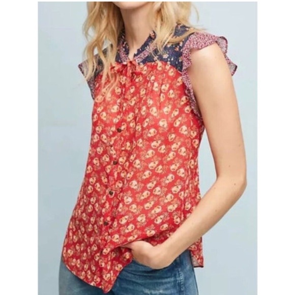 Anthropologie Meadow Rue Sheer Floral Button Up Top - Picture 1 of 6